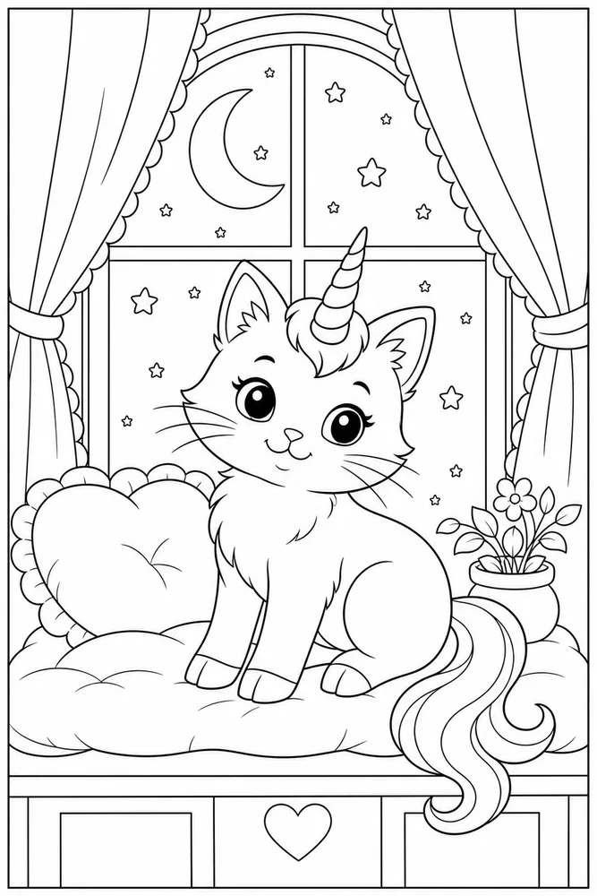 Unicorn Cat Kitty Moon Window coloring page
