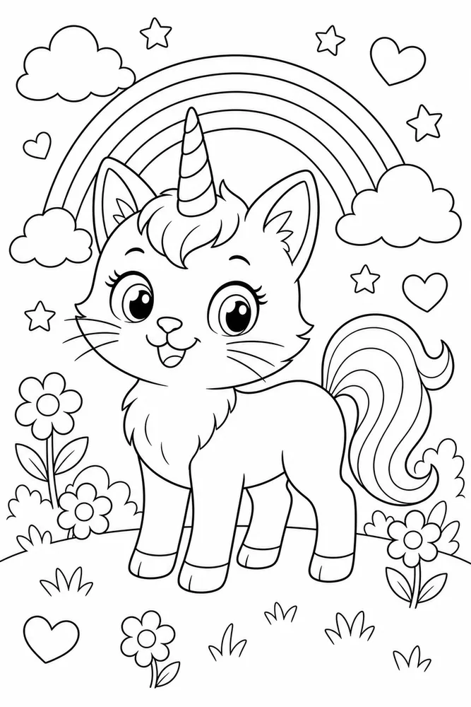 Unicorn Cat Coloring Pages preview: Unicorn Cat Kitty with Unicorn Horn coloring page