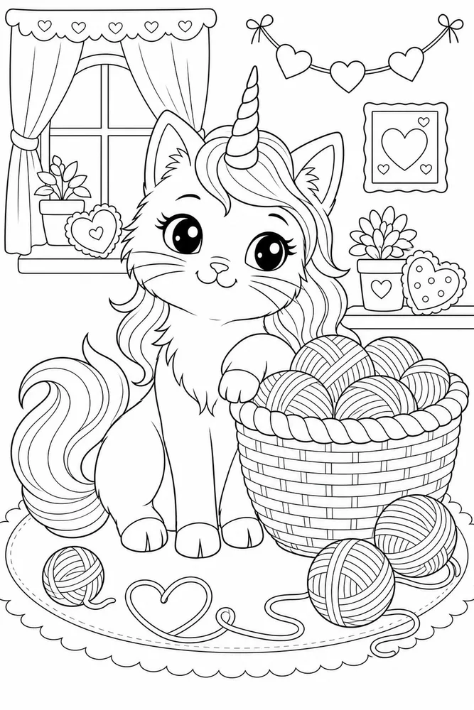 Unicorn Cat Unicorn Cat Yarn Basket coloring page