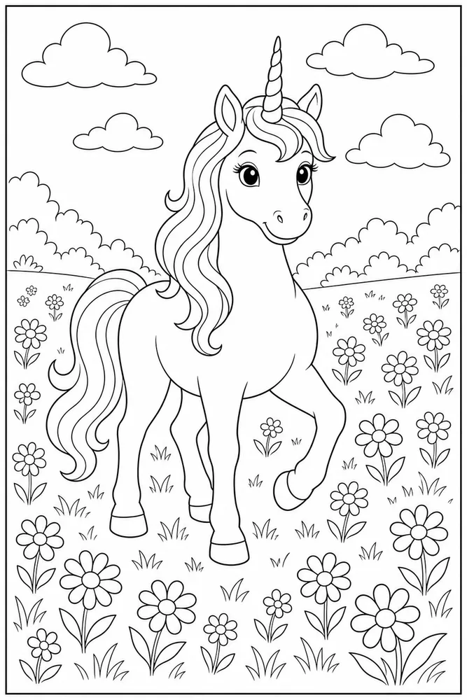 Unicorn Flower Field Walk coloring page