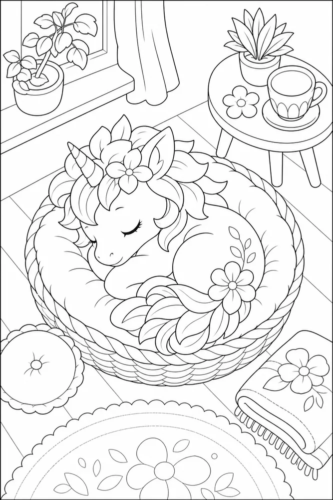 Unicorn Flower Unicorn flower cozy indoor moment coloring page