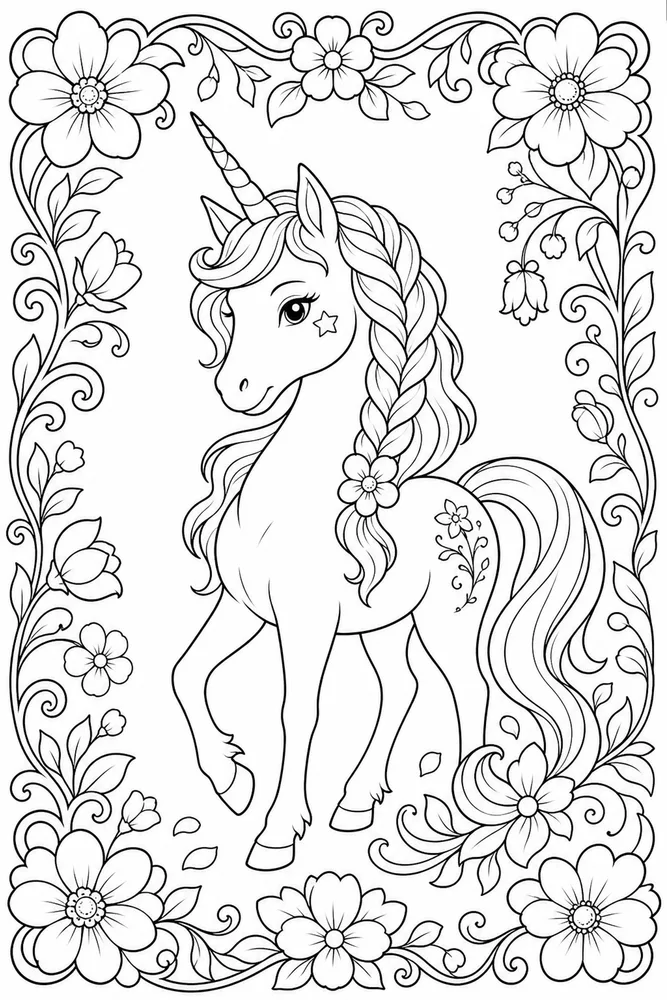 Unicorn Flower Unicorn flower decorative border coloring page
