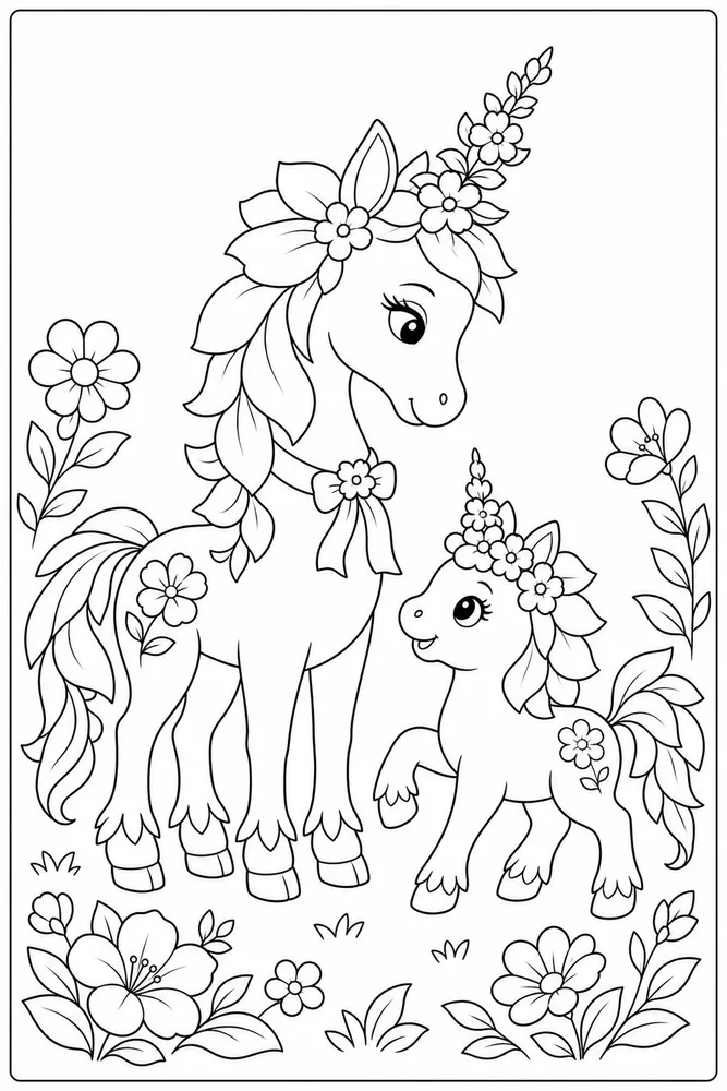 Unicorn Flower Unicorn flower family scene coloring page