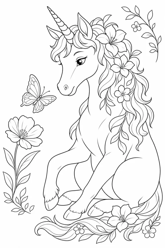 Unicorn Flower Coloring Pages preview: Unicorn Flower Unicorn flower front portrait coloring page