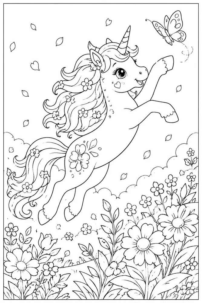 Unicorn Flower Unicorn flower playful pose coloring page