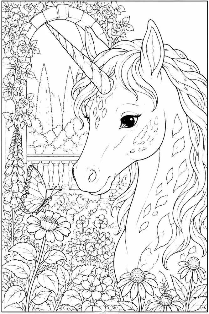 Unicorn Head Unicorn head garden setting coloring page