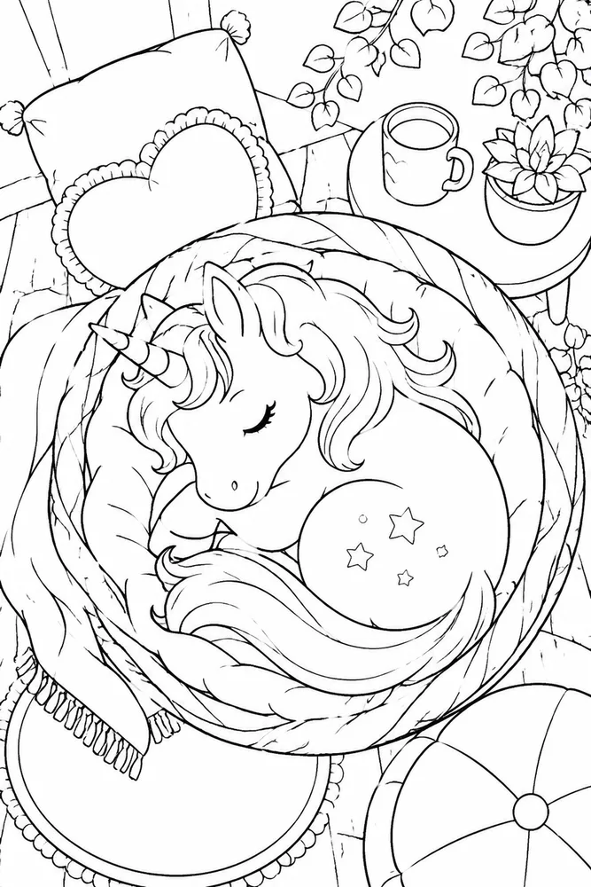 Unicorn Horse Unicorn horse cozy indoor moment coloring page