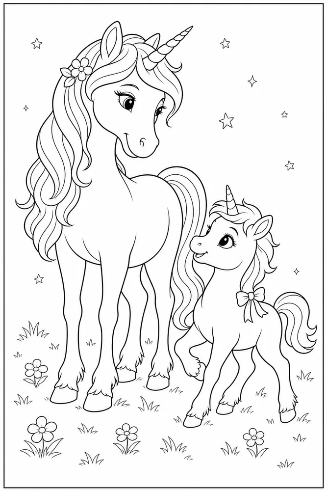 Unicorn Horse Unicorn horse family scene coloring page