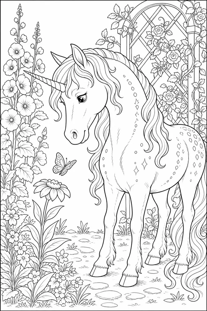 Unicorn Horse Unicorn horse garden setting coloring page