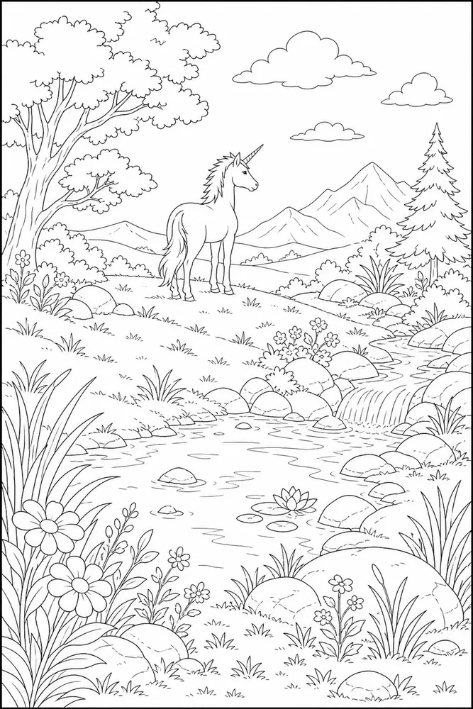 Unicorn Horse Unicorn horse habitat background coloring page