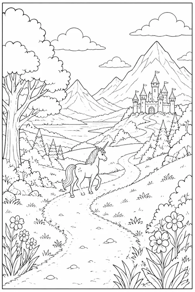Unicorn Horse Unicorn horse outdoor path coloring page