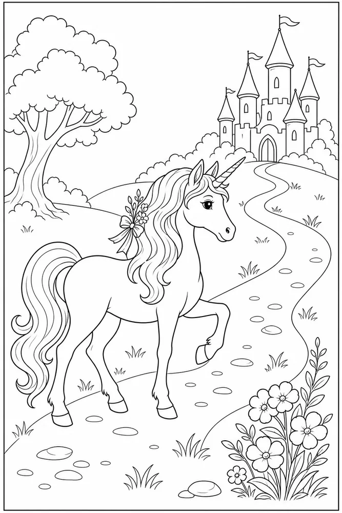 Unicorn Horse Unicorn horse simple scene coloring page