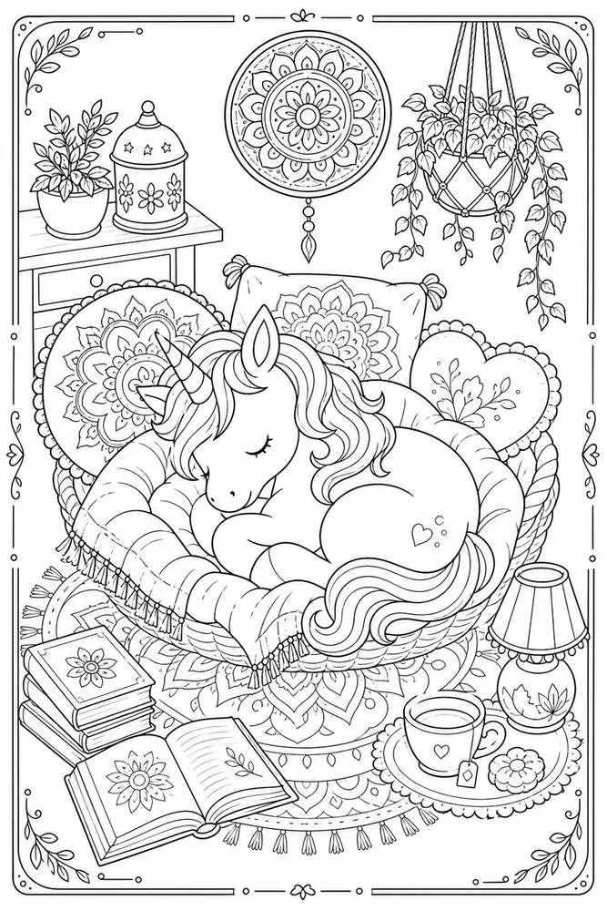 Unicorn Mandala Unicorn mandala cozy indoor moment coloring page