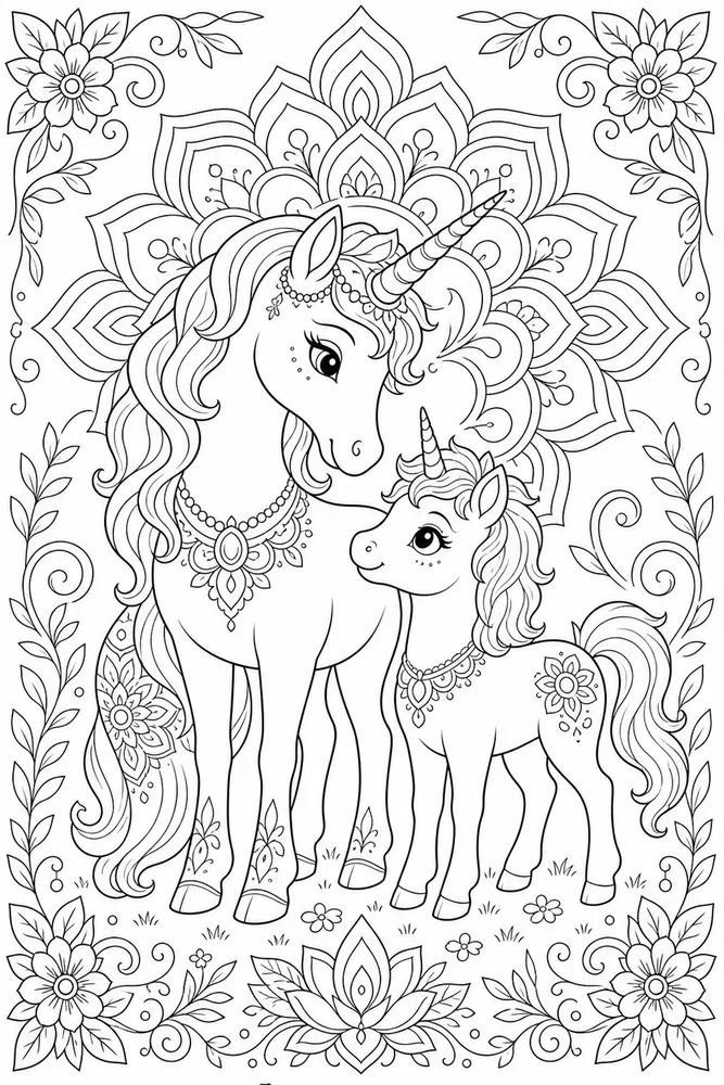 Unicorn Mandala Unicorn mandala family scene coloring page