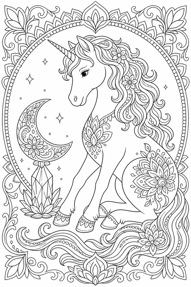 Unicorn Mandala Coloring Pages preview: Unicorn Mandala Unicorn mandala front portrait coloring page
