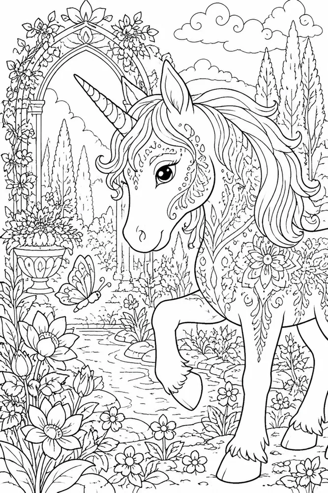 Unicorn Mandala Unicorn mandala garden setting coloring page