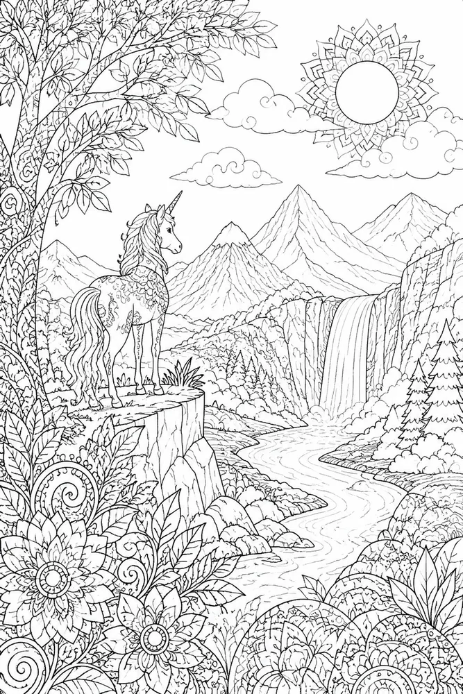 Unicorn Mandala Unicorn mandala habitat background coloring page