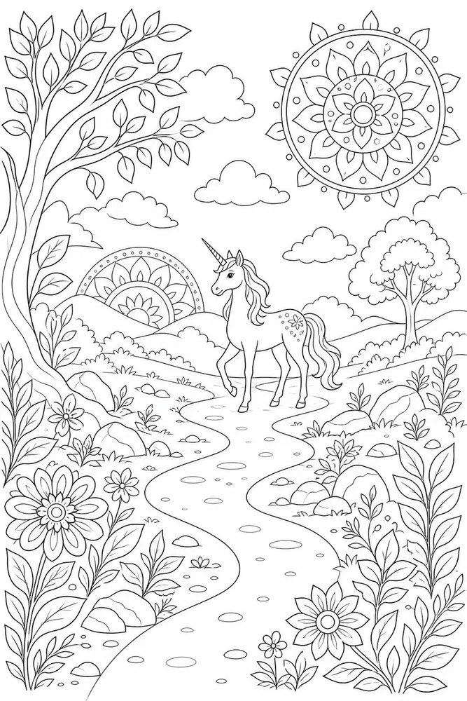 Unicorn Mandala Unicorn mandala outdoor path coloring page