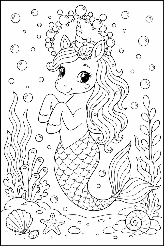 Unicorn Mermaid Bubble Crown Pose coloring page