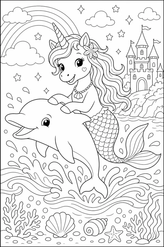 Unicorn Mermaid Dolphin Splash coloring page