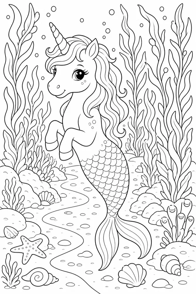 Unicorn Mermaid Kelp Forest Path coloring page