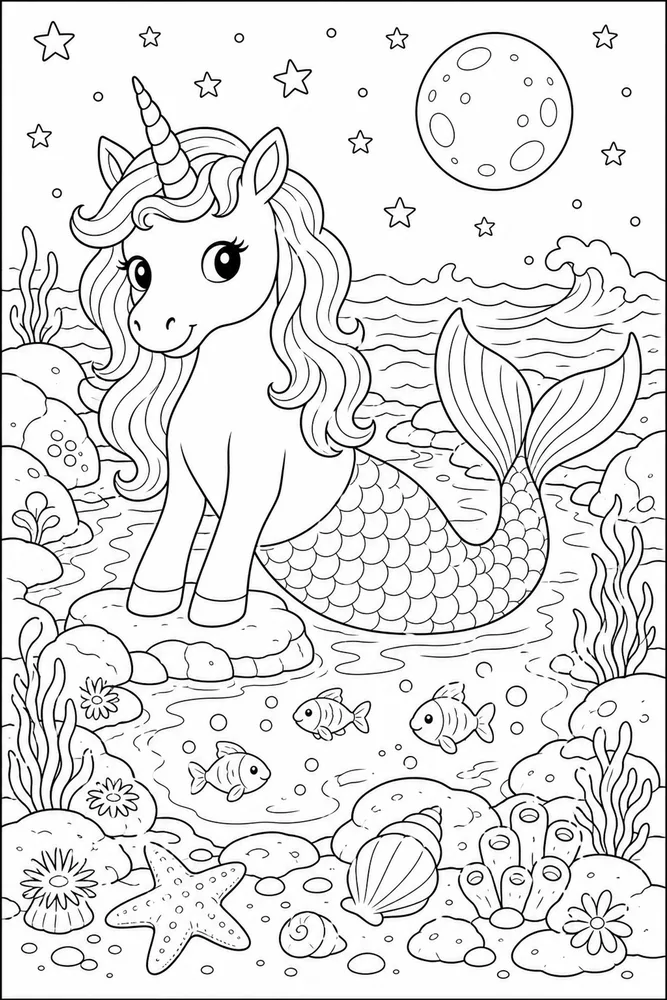 Unicorn Mermaid Moonlit Tide Pool coloring page