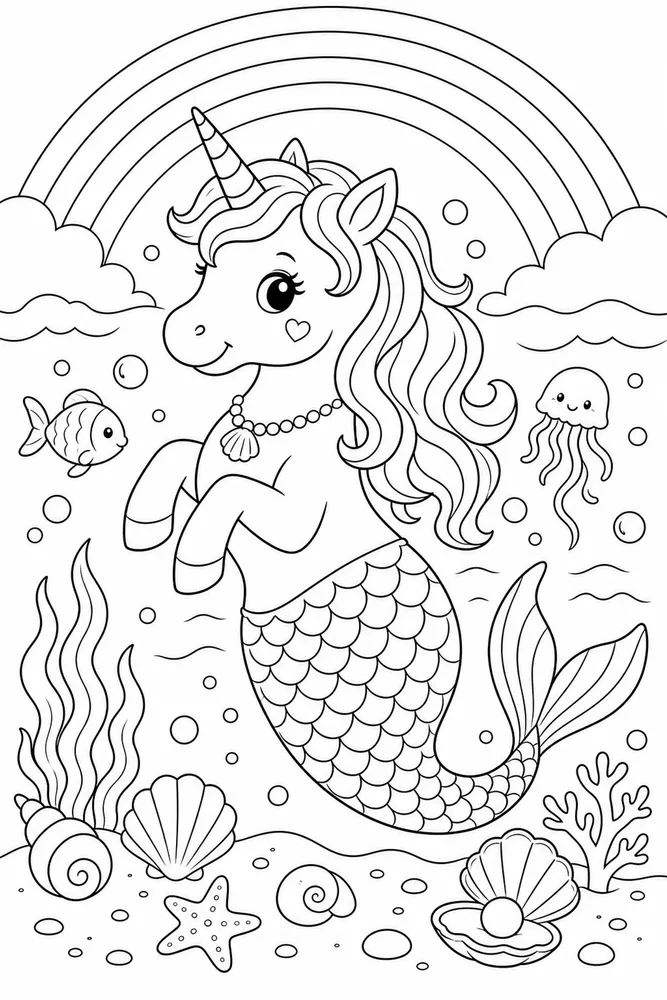 Unicorn Mermaid Ocean Rainbow Arch coloring page