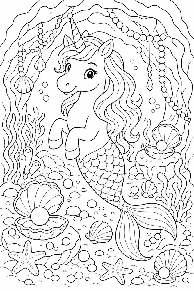 Unicorn Mermaid Pearl Cave coloring page