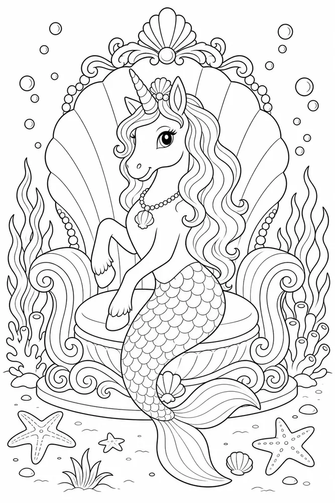 Unicorn Mermaid Seashell Throne coloring page