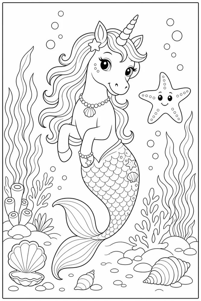Unicorn Mermaid Starfish Friend coloring page