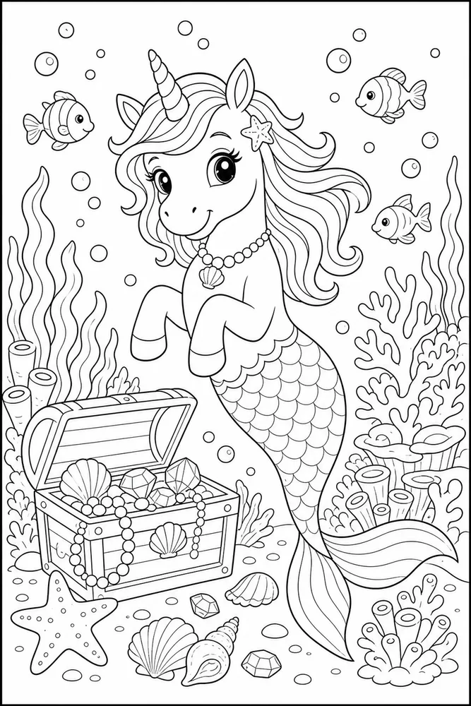 Unicorn Mermaid Treasure Chest Reef coloring page