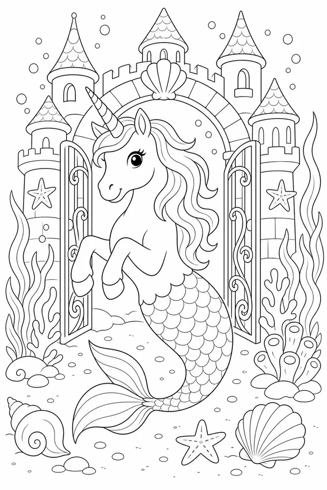 Unicorn Mermaid Underwater Castle Gate coloring page