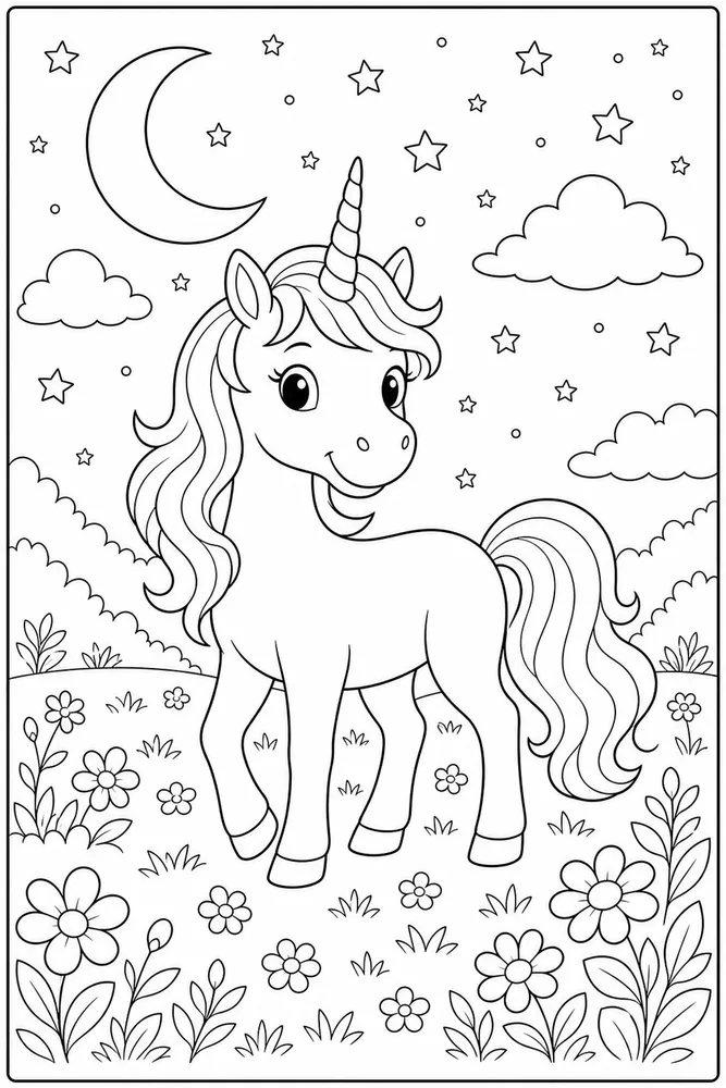 Unicorn Moon And Stars Meadow coloring page