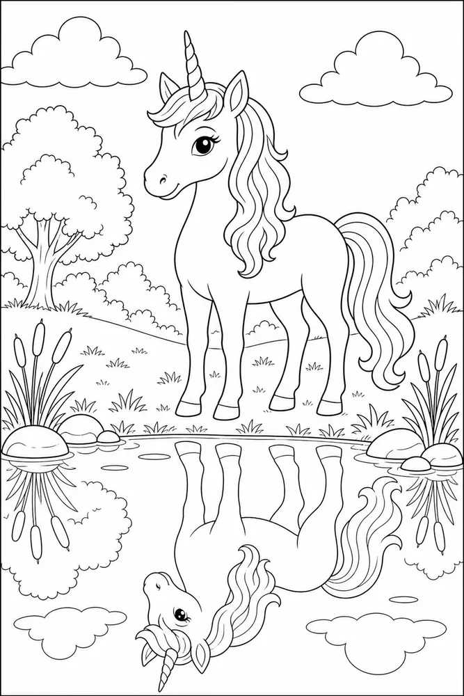 Unicorn Pond Reflection Scene coloring page