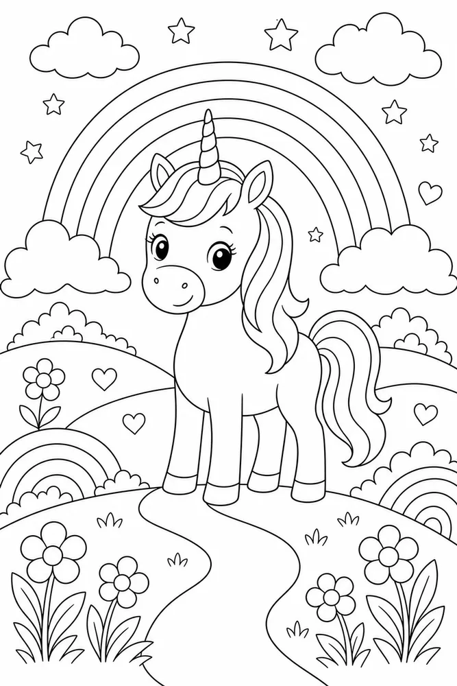 Unicorn Rainbow Hill Path coloring page
