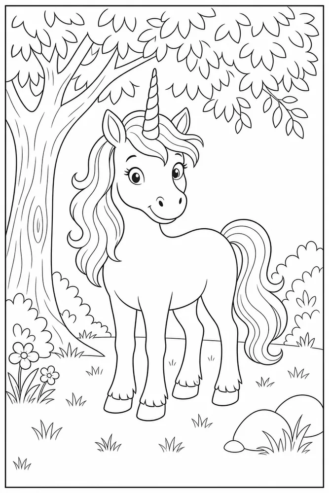 Unicorn Storybook Tree Shade coloring page