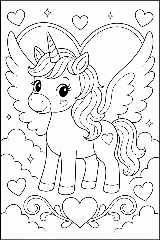 Unicorn Valentine Cupid Wing Backdrop coloring page
