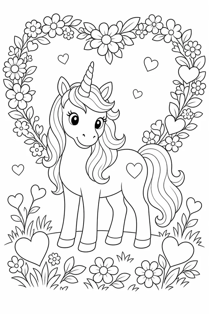 Unicorn Valentine Flower Heart Arch coloring page