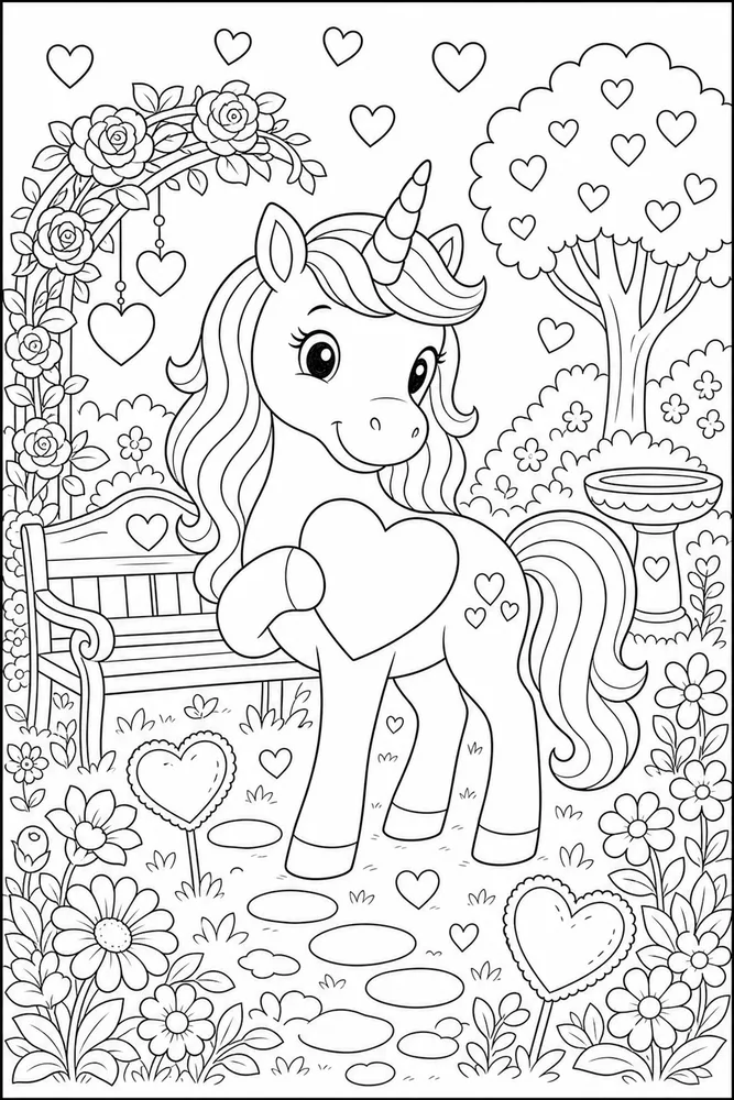 Unicorn Valentine Garden Bench Hearts coloring page