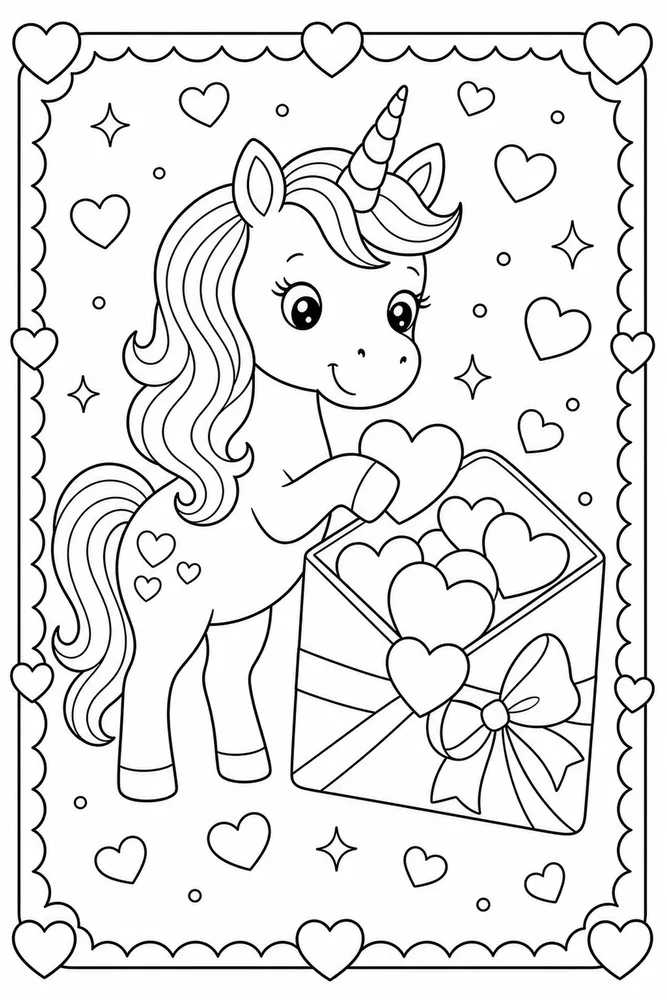 Unicorn Valentine Gift Envelope Scene coloring page