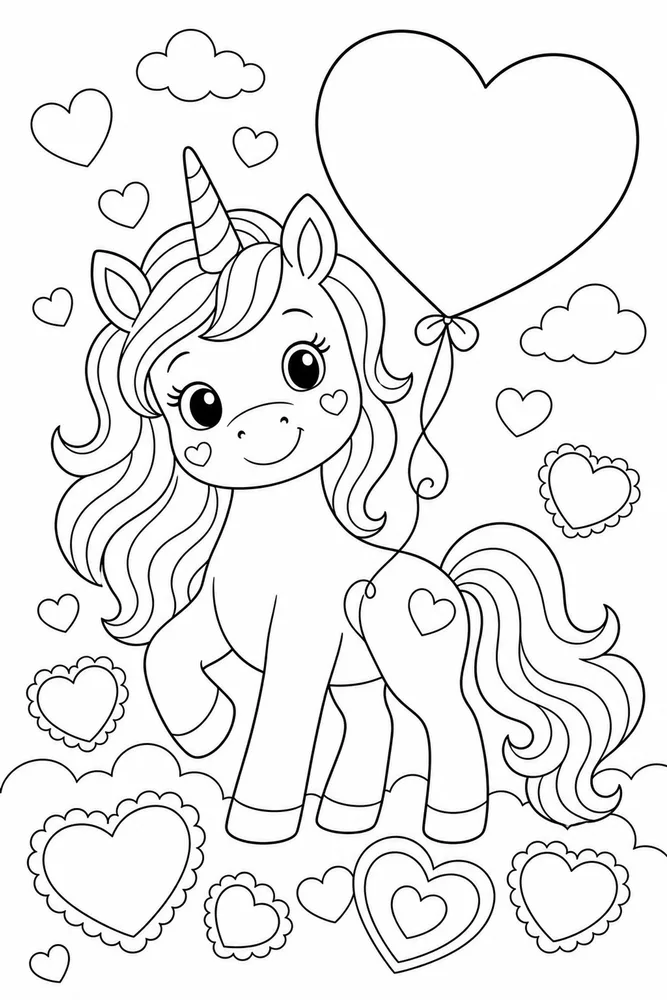 Unicorn Valentine Coloring Pages preview: Unicorn Valentine Heart Balloon Unicorn coloring page