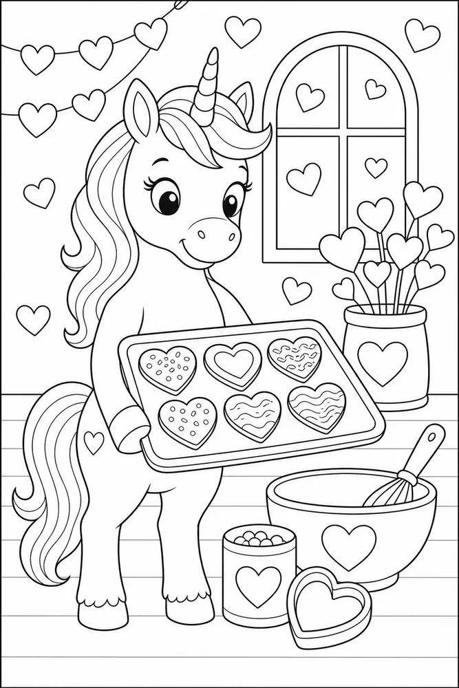 Unicorn Valentine Heart Cookie Tray coloring page