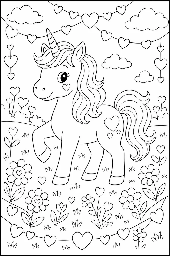 Unicorn Valentine Heart Garland Meadow coloring page
