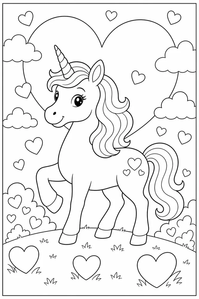 Unicorn Valentine Heart Shaped Cloud coloring page