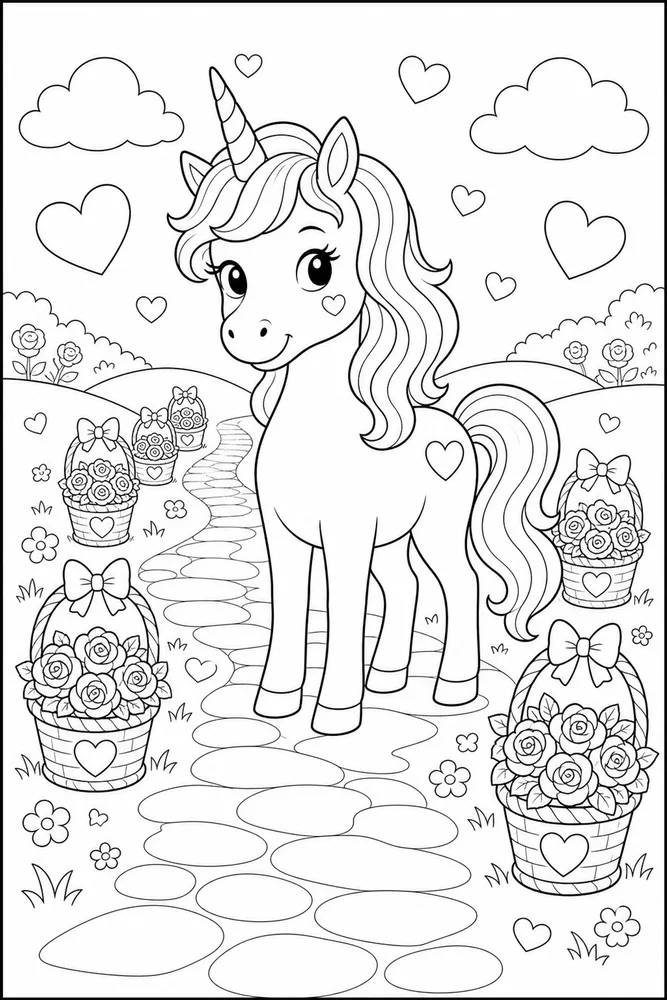 Unicorn Valentine Rose Basket Path coloring page