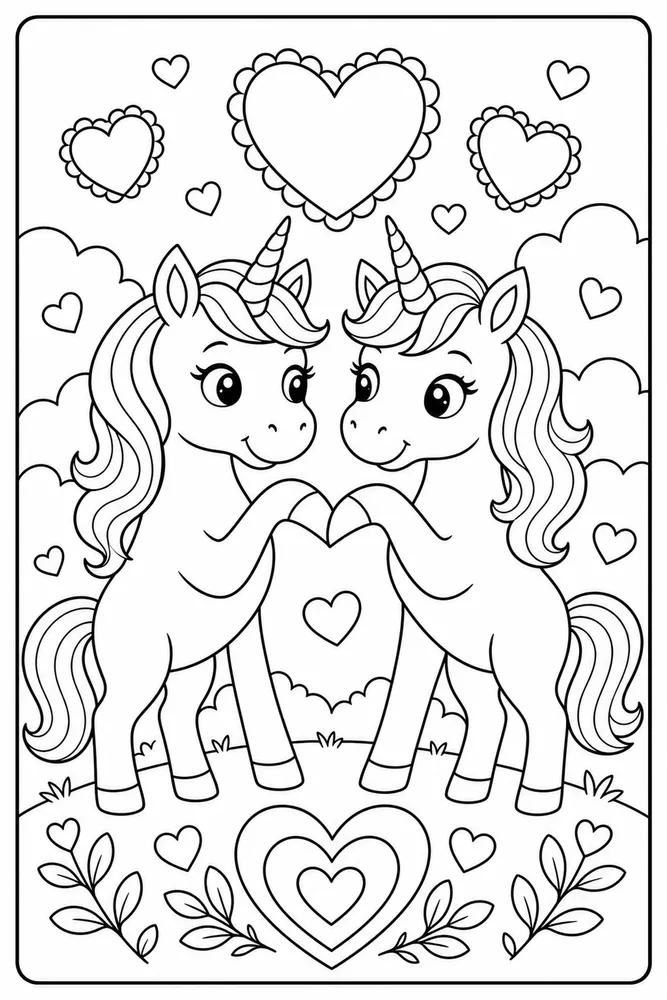 Unicorn Valentine Two Unicorn Friends coloring page