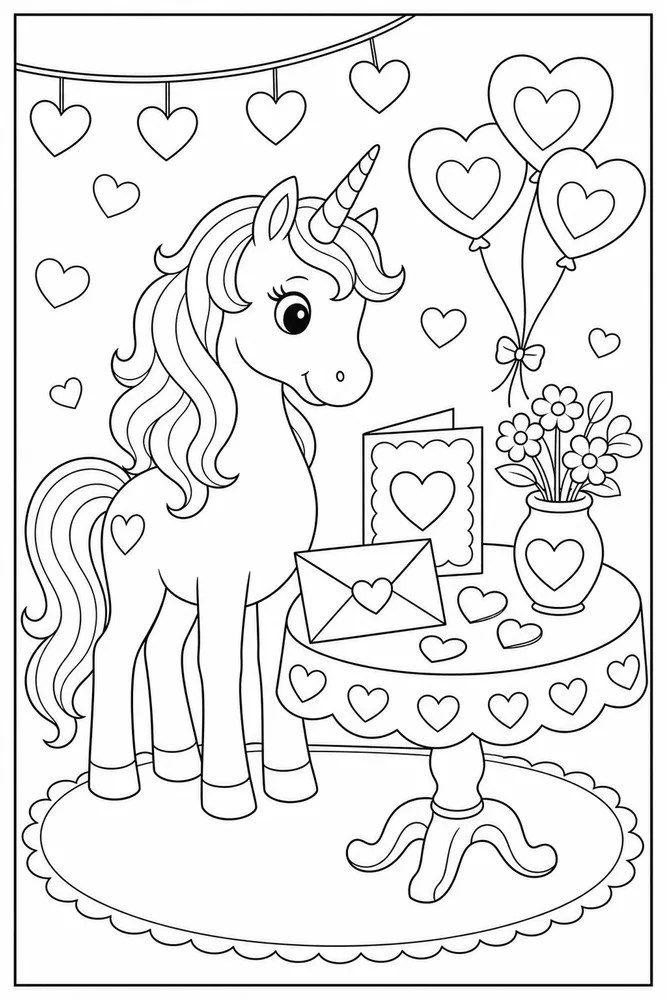 Unicorn Valentine Valentine Card Table coloring page