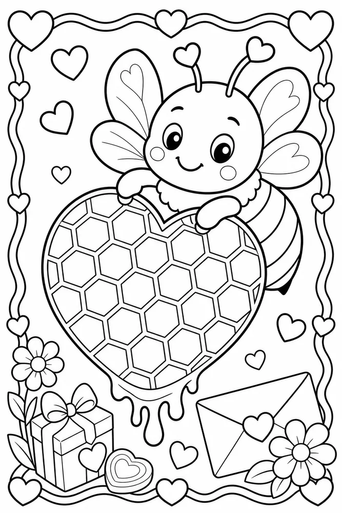 Valentine's Day Bee With Heart Honeycomb printable coloring page