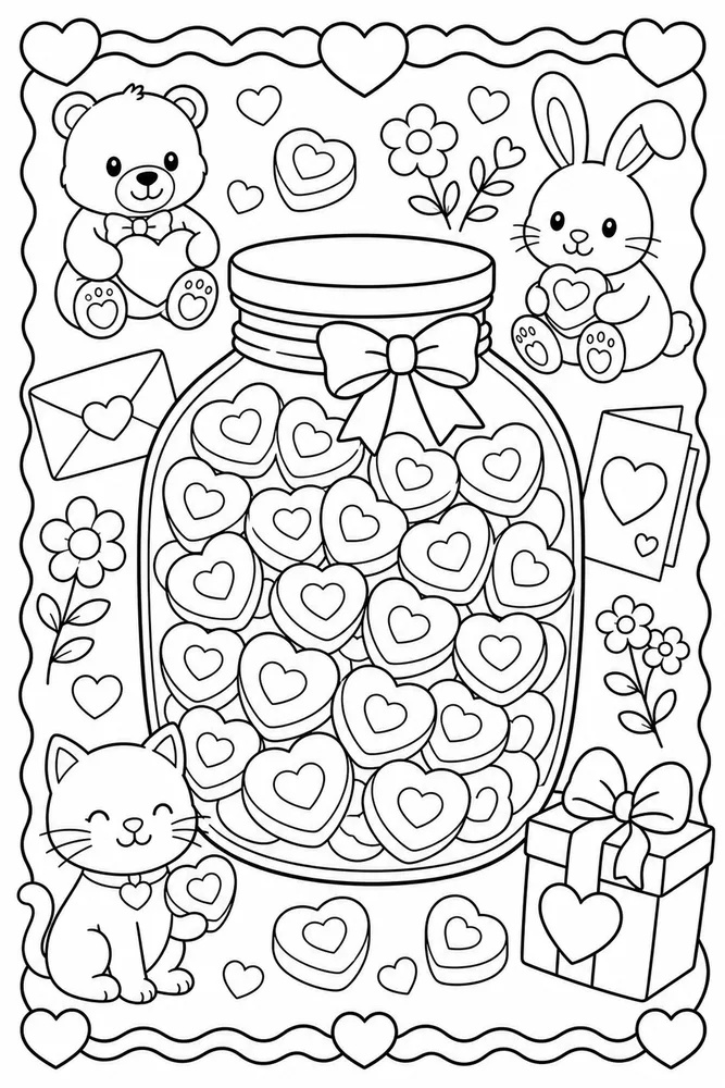 Valentine's Day Candy Heart Jar printable coloring page