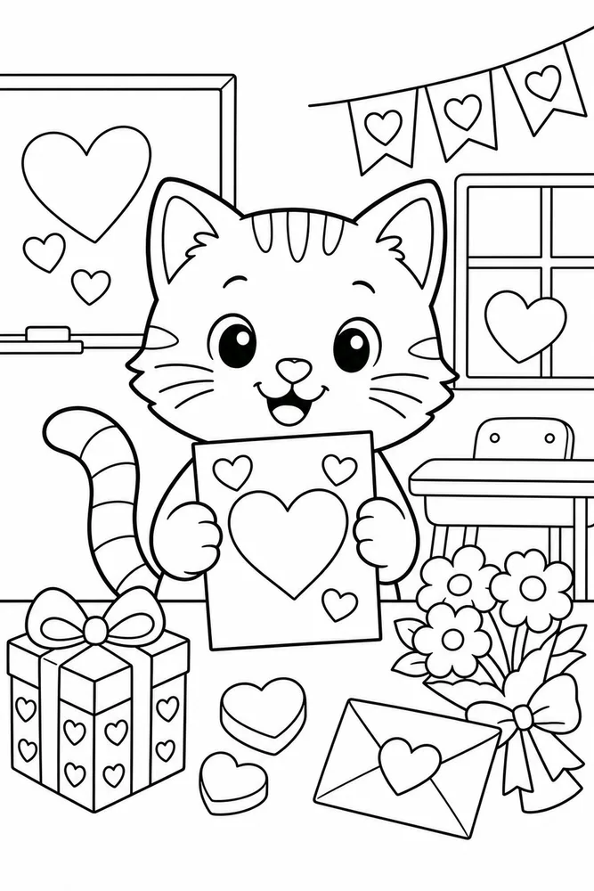 Valentine's Day Cat With Valentine Card printable coloring page